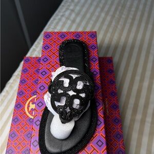 Tory Burch Black Crystal Logo Toe-Post Sandal
